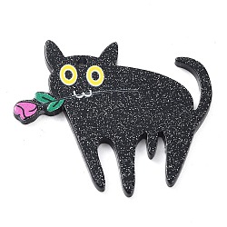Cat Theme Acrylic Pendants, with Glitter Powder, Rose, Black, 42x44x2.3mm, Hole: 1.8mm(MACR-C027-01A)