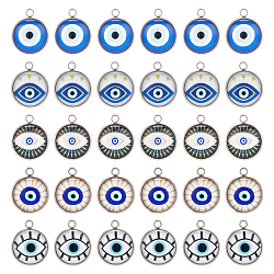 30Pcs Luminous Glass Pendants, with 304 Stainless Steel Findings, Flat Round with Evil Eye Pattern, Stainless Steel Color, 18.5x15.5x5mm, Hole: 1.6mm(FIND-DC0001-80)