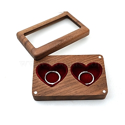 Rectangle Wood Wedding Couple Ring Storage Boxes with Visible Magnetic Cover, Velvet 2 Heart Shaped Slots Wooden Ring Case for Valentine's Day, Red, 9.2x5.7x1.8cm(PW-WG62632-04)