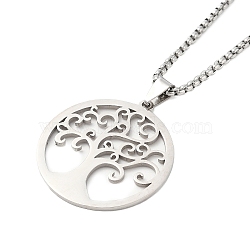 Non-Tarnish 304 Stainless Steel Box Chain Tree of Life Pendant Necklaces for Women Men, Stainless Steel Color, 19.49 inch(49.5cm), Pendant: 37.5x34.5mm(NJEW-U005-04P)