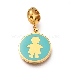 Ion Plating(IP) 304 Stainless Steel European Dangle Charms, Large Hole Pendants, with Enamel, Flat Round with Boy, Cyan, Golden, 25.5mm, Hole: 4mm, Pendant: 16x13.5x1mm(STAS-O097-13G)