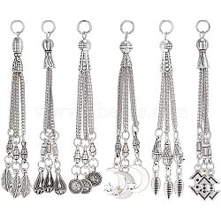 12Pcs 6 Style Tibetan Style Alloy Curb Chain Tassel Big Pendants, Feather & Flat Round & Teardrop & Moon and Star, Antique Silver & Platinum, 78~84x2mm, Hole: 5mm, 2Pcs/style(FIND-CA0006-72)