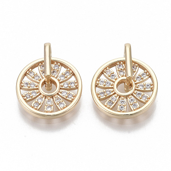 Brass Micro Pave Cubic Zirconia Pendants, Nickel Free, Clear, Flat Round with Flower, Real 18K Gold Plated, 17mm, Hole: 3x8mm