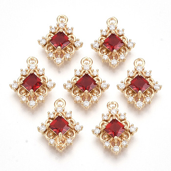 Golden Tone Brass Pendants, with Faceted Glass and Clear Rhinestone, Rhombus, Red, 14.5x11x4mm, Hole: 1.2mm, Diagonal Length: 14.5mm, Side Length: 10mm