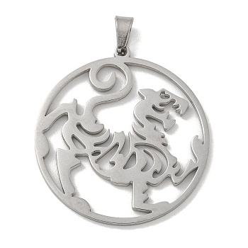 304 Stainless Steel Pendants, Laser Cut, Hollow Flat Round with Tiger Charm, Stainless Steel Color, 32x30x1.5mm, Hole: 6x3mm