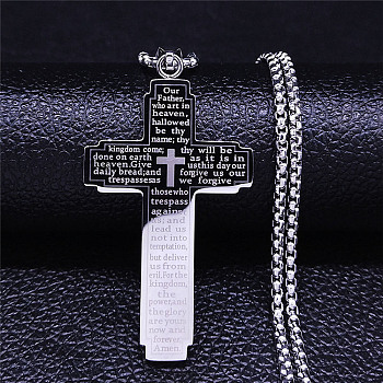 304 Stainless Steel Pendant Necklaces, The Lord's Prayer Corss, Stainless Steel Color, 23.54 inch(59.8cm)