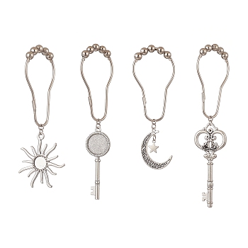4 Styles Moon & Key & Sun Curtain Hooks, with Iron Curtain Rings & Glass Cabochons, for Bathroom Decoration, Antique Silver, 119~162mm, 4pcs/set