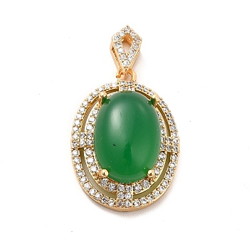 Brass Micro Pave Clear Cubic Zirconia Pendants, with Green Glass, Oval Charm, Real 18K Gold Plated, 38mm, Hole: 2x2.5mm