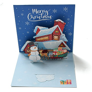 Square 3D House Pop Up Paper Greeting Card, with Envelope, Christmas Day Invitation Card, Royal Blue, 105x105x105mm