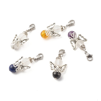 Natural Mixed Stone Pendant Decorations, with Alloy Findings & 304 Stainless Steel Lobster Claw Clasps, Angel & Fairy, 40mm