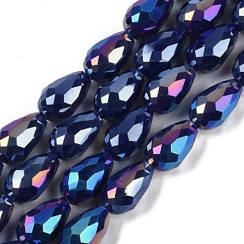 Opaque Solid Color Electroplate Glass Beads Strands, AB Color Plated, Faceted, Teardrop, Midnight Blue, 11.5x8mm, Hole: 1.2mm, about 55~57pcs/strand, 25.59 inch(65cm)