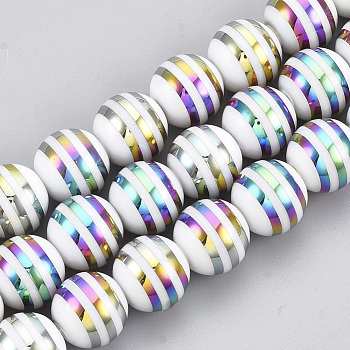 Electroplate Glass Beads, Round with Stripe, Colorful, 10mm, Hole: 1mm, about 30pcs/strand, 11.41 inch