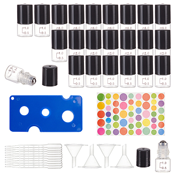 24Pcs Transparent Glass Roller Ball Bottles with Scal and Plastic Cover, Column, with 1Pc Plastic Bottle Openers, 1Pc Paper Sticker, 4Pcs Plastic Funnel & 10Pcs Transfer Pipettes, Black, 3.2x1.6cm, Capacity: 1ml(0.03fl. oz)