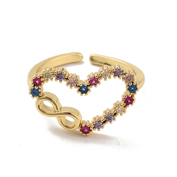 Colorful Cubic Zirconia Heart with Infinity Open Cuff Ring, Brass Jewelry for Women, Cadmium Free & Lead Free, Real 18K Gold Plated, US Size 5 3/4(16.3mm)