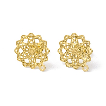 304 Stainless Steel Stud Earrings Finding, Hollow Flower, with Horizontal Loop, Golden, 17x15mm, Hole: 1.2mm, Pin: 0.85mm