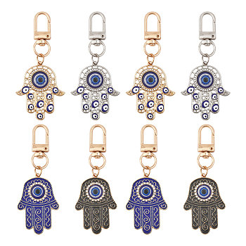 8Pcs 4 Style Alloy Enamel Turkish Evil Eye Pendant Decoration, with Iron Swivel Clasps, Clip-on Charms, for Keychain, Purse, Backpack Ornament, Stitch Marker, Hamsa Hand, Platinum & Golden, 78.5~7.9mm, 2pcs/style