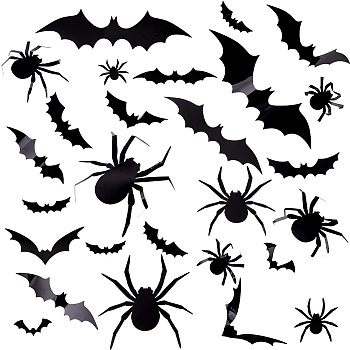3 Bags 3 Style Halloween Plastic Wall Decoration, Party Decoration, with Sticker, Spider/Bat, Black, 21~208x62~320x0.1mm, 1 bag/style