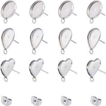 304 Stainless Steel Stud Earring Settings, with Loop & Ear Nuts, Earring Backs, Mixed Shape, Stainless Steel Color, 60pcs/box