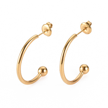 304 Stainless Steel Stud Earrings, Half Hoop Earrings, with Round Beads and Ear Nuts, Semicircular, Real 14K Gold Plated, 25x25x2mm, Pin: 0.8mm