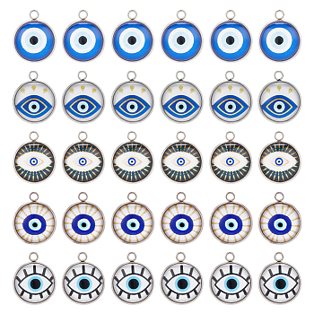 30Pcs Luminous Glass Pendants, with 304 Stainless Steel Findings, Flat Round with Evil Eye Pattern, Stainless Steel Color, 18.5x15.5x5mm, Hole: 1.6mm