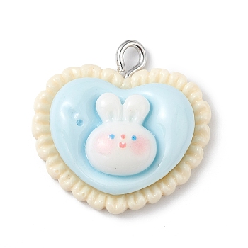 Opaque Resin Pendants, Rabbit Charms, with Platinum Tone Iron Loops, Heart, 22.5x22.5x7mm, Hole: 2mm