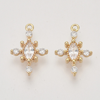 Brass Micro Pave Cubic Zirconia Charms, Real 18K Gold Plated, Flower, Nickel Free, Clear, 17x11.5x2.5mm, Hole: 1.2mm