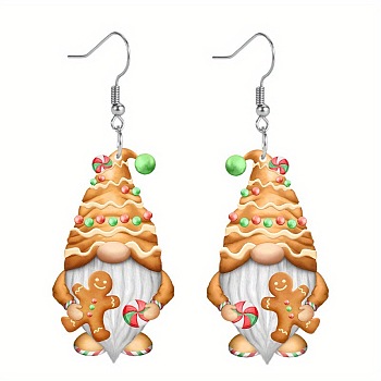 Christmas Acrylic Dangle Earrings, Santa Claus with Gingerbread Man, Platinum, Goldenrod, 30mm