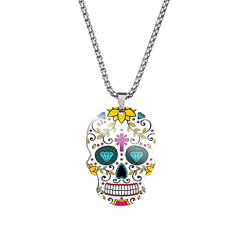 Stainless Steel Skull with Flower Pendant Necklaces, Halloween Jewelry for Women, Dark Turquoise, 23.62 inch(60cm)