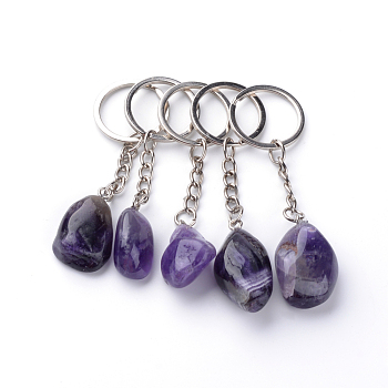Natural Amethyst Keychain, with Iron Findings, Platinum, 85~94mm