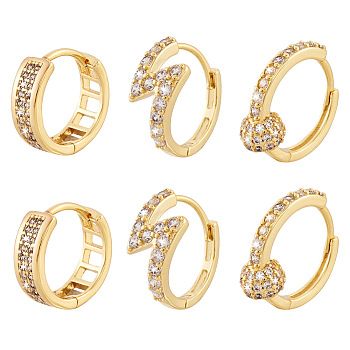 PandaHall Jewelry 3 Pairs 3 Style Round & Lightning Bolt & Square Cubic Zirconia Huggie Hoop Earrings, Brass Earring for Girl Women, Golden, 12~15x12.5~15x4~6mm, Pin: 0.6~0.8mm, 1pair/style