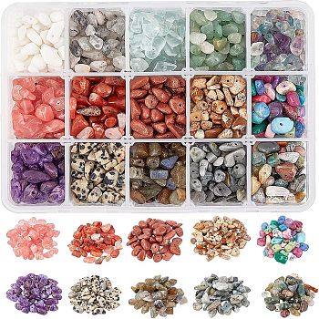 Natural & Synthetic Mixed Gemstone & Glass Chip Beads, Mixed Dyed and Undyed, 5~8mm, Hole: 1mm, 15 colors, about 24~28g/color, about 360~420g/box