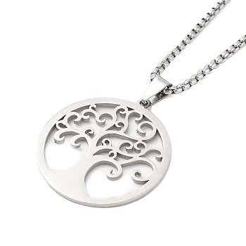 Non-Tarnish 304 Stainless Steel Box Chain Tree of Life Pendant Necklaces for Women Men, Stainless Steel Color, 19.49 inch(49.5cm), Pendant: 37.5x34.5mm