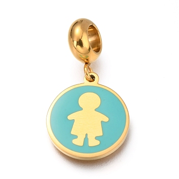 Ion Plating(IP) 304 Stainless Steel European Dangle Charms, Large Hole Pendants, with Enamel, Flat Round with Boy, Cyan, Golden, 25.5mm, Hole: 4mm, Pendant: 16x13.5x1mm