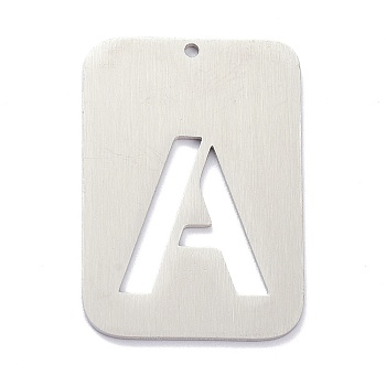 304 Stainless Steel Pendants, Rectangle with Alphabet, Hollow, Letter.A, 32x22x1mm, Hole: 1.5mm
