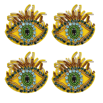 Glass Rhinestone Beaded Sew on Patches, Evil Eye Appliques, Badges, with Felt Base, Yellow, 52~53x55x5mm
