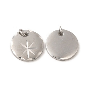 304 Stainless Steel Charms, with Jump Ring, Flat Round with Star Charm, Stainless Steel Color, 12x12x1.5mm, Hole: 2.7mm