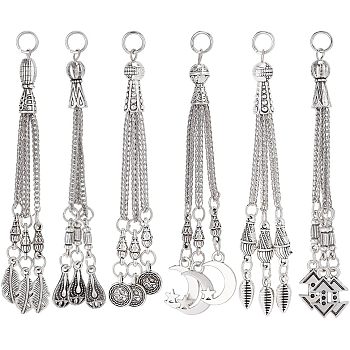 12Pcs 6 Style Tibetan Style Alloy Curb Chain Tassel Big Pendants, Feather & Flat Round & Teardrop & Moon and Star, Antique Silver & Platinum, 78~84x2mm, Hole: 5mm, 2Pcs/style