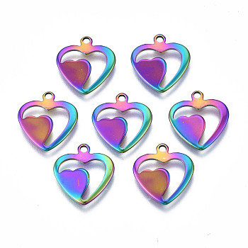Ion Plating(IP) 201 Stainless Steel Charms, Cadmium Free & Nickel Free & Lead Free, Heart, Rainbow Color, 13x12x2mm, Hole: 1.2mm