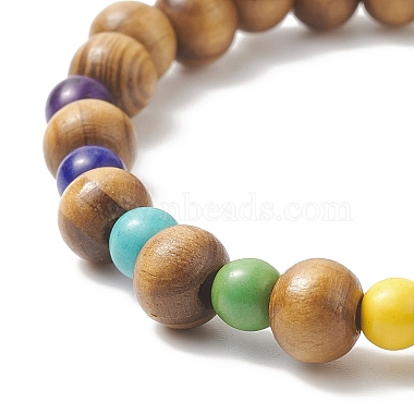 Synthetic Turquoise(Dyed) Cross & Natural Wood Beaded Stretch Bracelet for Women(BJEW-JB09150)-4