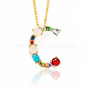 Golden Brass Micro Pave Cubic Zirconia Initial Pendants Necklaces, with Cable Chains, Colorful, Letter, Letter.C, 17.9~18.1 inch(45.5~46cm)x1.5mm, LetterC: 20x15x6mm(NJEW-S069-JN002-C)