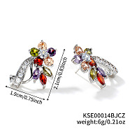 Elegant Brass Rhinestone Leaf Stud Earrings, with Delicate Design and Sparkling Details, Platinum, Colorful, 21x19mm(FM5419-1)