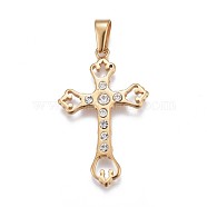 304 Stainless Steel Pendants, with Rhinestone, Cross, Crystal, Golden, 46.5x29x3.5mm, Hole: 3~3.5x8mm(STAS-F202-03G)
