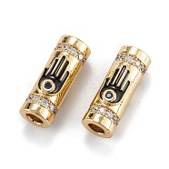 Real 18K Gold Plated Brass Micro Pave Clear Cubic Zirconia Tube Beads, with Enamel, Column with Hamsa Hand, Black, 18x8x7mm, Hole: 3.5mm(ZIRC-A020-26G)