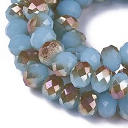 Electroplate Glass Beads Strands, Imitation Jade Glass, Half Rainbow Plated, Faceted, Rondelle, Light Sky Blue, 6x4~4.5mm, Hole: 1mm, about 88~92pcs/strand, 15.5 inch~16 inch(39~45cm)(GLAA-K027-HR-C12-A)