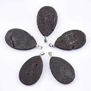 Electroplate Natural Druzy Agate Pendants, with Brass Findings, teardrop, Platinum, Black, 36~38x20~22x6~8mm, Hole: 3.5x4.5mm(G-T112-09A)