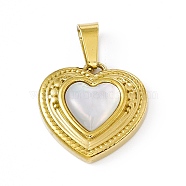 Natural Shell Pendants, Heart Charms, with Vacuum Plating 304 Stainless Steel Findings, Golden, 15x15x4mm, Hole: 6x3mm(STAS-P315-05G)