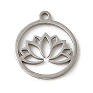 201 Stainless Steel Pendants, Laser Cut, Flat Round with Lotus, Stainless Steel Color, 17x15x1mm, Hole: 1.5mm(STAS-E211-02P)
