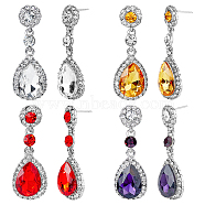 FIBLOOM 4 Pairs 4 Colors Glass Teardrop Dangle Stud Earrings, Silver Alloy Long Drop Earrings for Women, Mixed Color, 49.5~50x18mm, 1 pair/color(EJEW-FI0001-96)