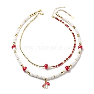 2Pcs 2 Style Alloy Enamel Mushroom Pendant Necklaces Set, Natural Carnelian Carnelian & Synthetic Hematite & Polymer Clay Beaded Stackable Necklaces for Women, Red, 16.93~20.28 inch(43~51.5cm), 1Pc/style(NJEW-JN04094)