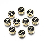 Alloy Enamel Beads, Cadmium Free & Lead Free, Light Gold, Flat Round with Alphabet, Black, Letter.Z, 8x4mm, Hole: 1.5mm(ENAM-N052-006-02Z-RS)